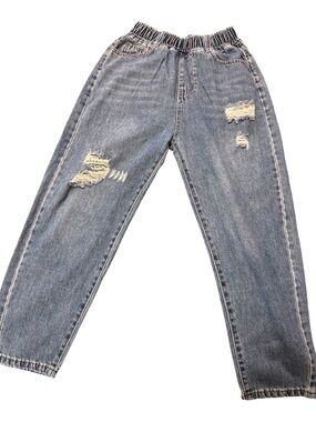 Blue Distressed Elastic-Waist Jeans